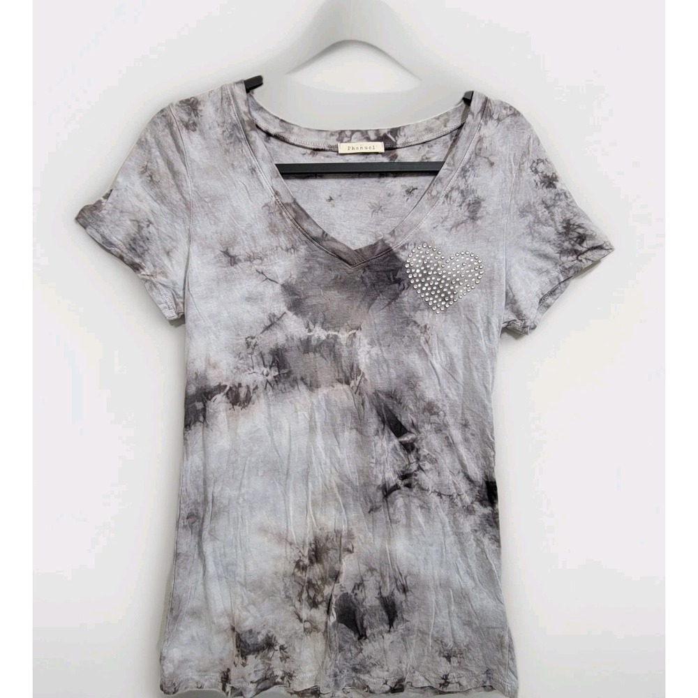 Y2K Womens LG Phanuel Antropologie Gray Tie Dye Tunic Heart Rhinestones Bling
